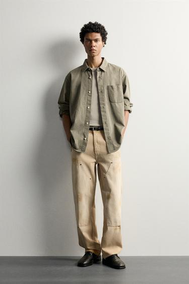 Zara VINTAGE EFFECT CARPENTER PANTS - Ecru