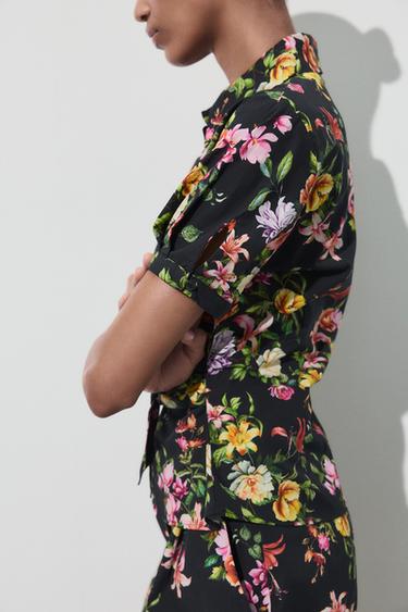 FLORAL PRINT POPLIN TOP - Black / Green by Zara - Image 3