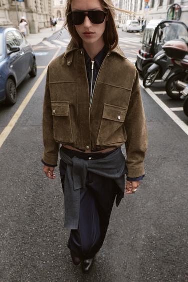 100% LEATHER BOMBER JACKET - Khaki by Zara