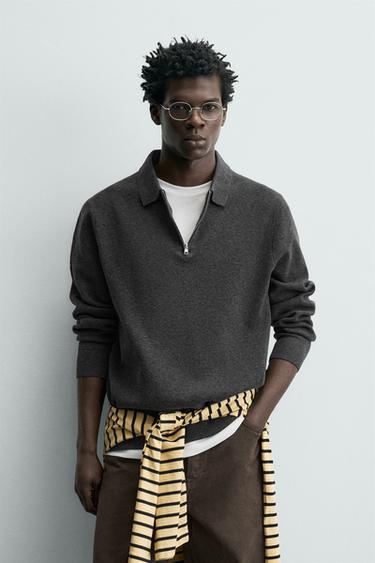 KNIT POLO SHIRT WITH ZIP - Grey marl by Zara