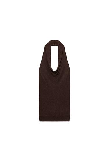 TOP HALTER DE TRICÔ CANELADO COM FIO METALIZADO - Marrom da Zara