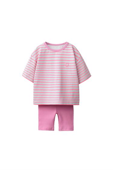 Zara STRIPED T-SHIRT AND BIKER LEGGINGS SET - raspberry