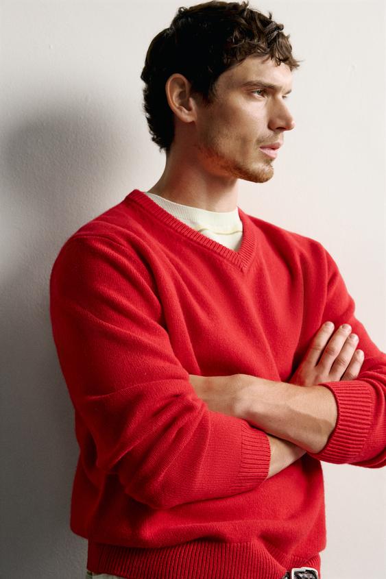 PULL COL EN V MÉLANGE LAINE - Rouge de Zara - Image 5
