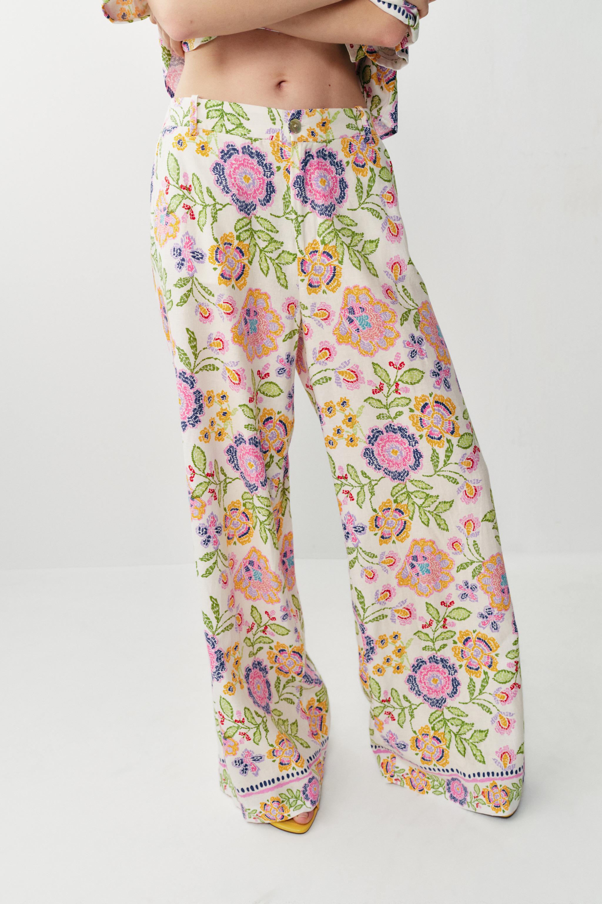 FLORAL PRINT LINEN BLEND TROUSERS — Multicoloured