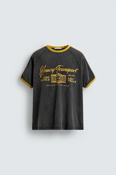 CONTRAST RIBBED SLOGAN T-SHIRT - Dark anthracite by Zara