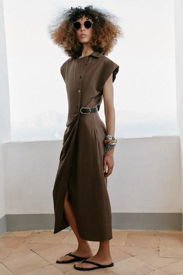 VESTIDO MIDI DE LINHO COM CINTO - Castanho / Toupeira da Zara