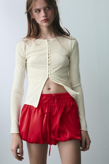 SATIN BALLOON SHORTS WITH LACE - Red by Zara