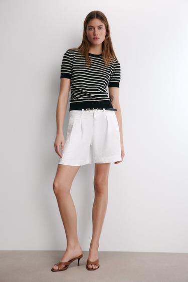 Zara Z1975 DENIM PLEATED SHORTS WITH BELT - White