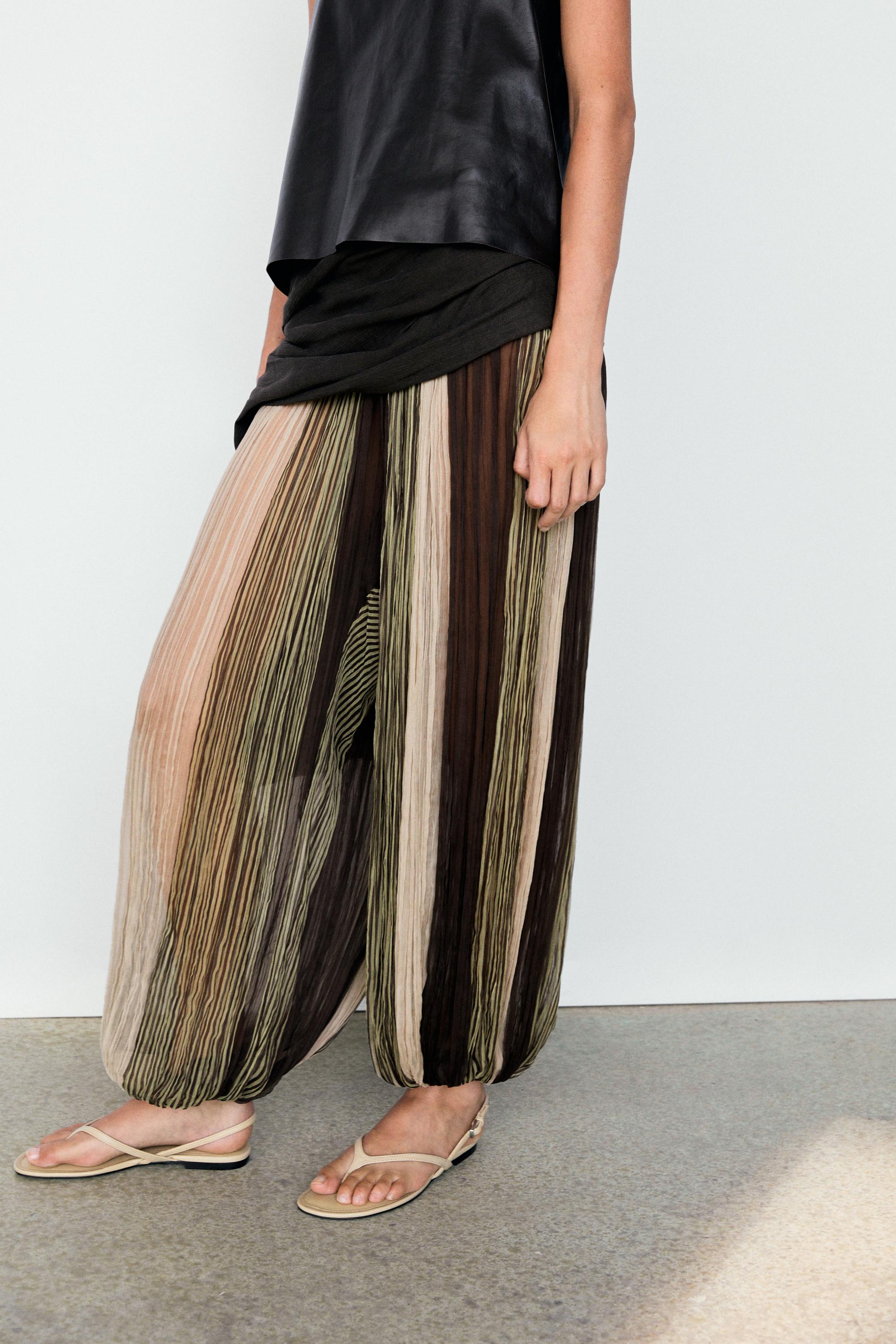 Striped flowing pants with sash detail — Khaki