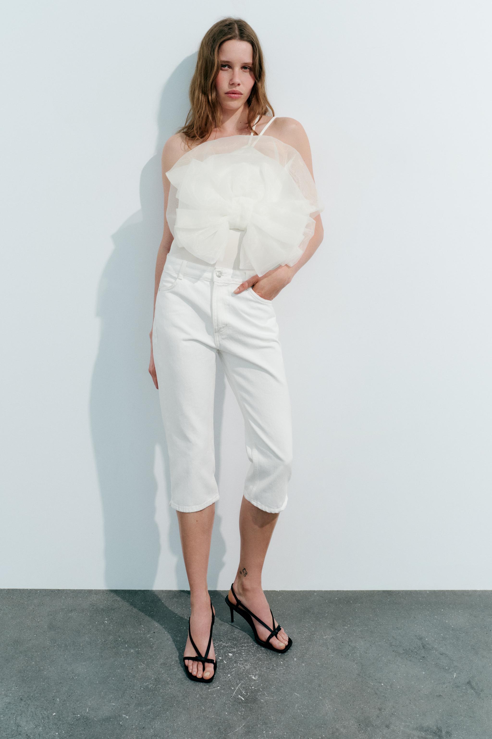 NEW Zara women’s white organza sleeves ruffle rib bodysuit S