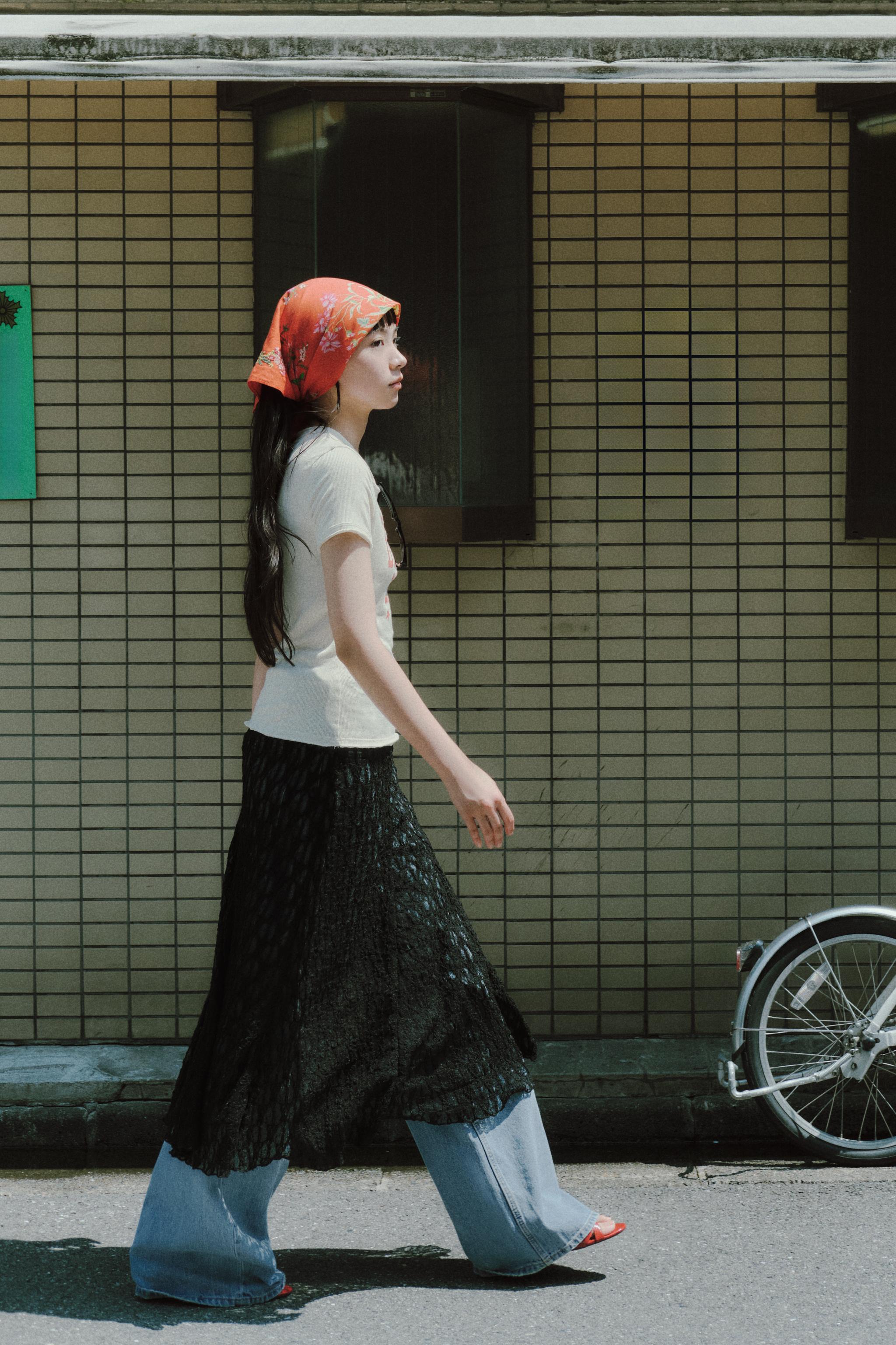 フミエタナカ　2024AW レースロングスカート タマミ ワタナベ デニムロングスカート “フレアー ドゥ ニーム