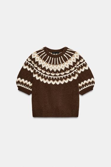 HAUT EN MAILLE JACQUARD À MANCHES COURTES - Marron / Écru de Zara - Image 2