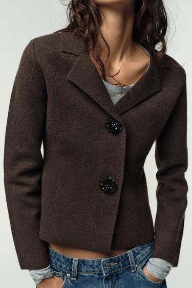 Zara JEWEL BUTTON KNIT BLAZER - Brown