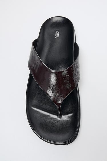 SANDÁLIA DE COURO COM TIRAS - Marrom-chocolate da Zara