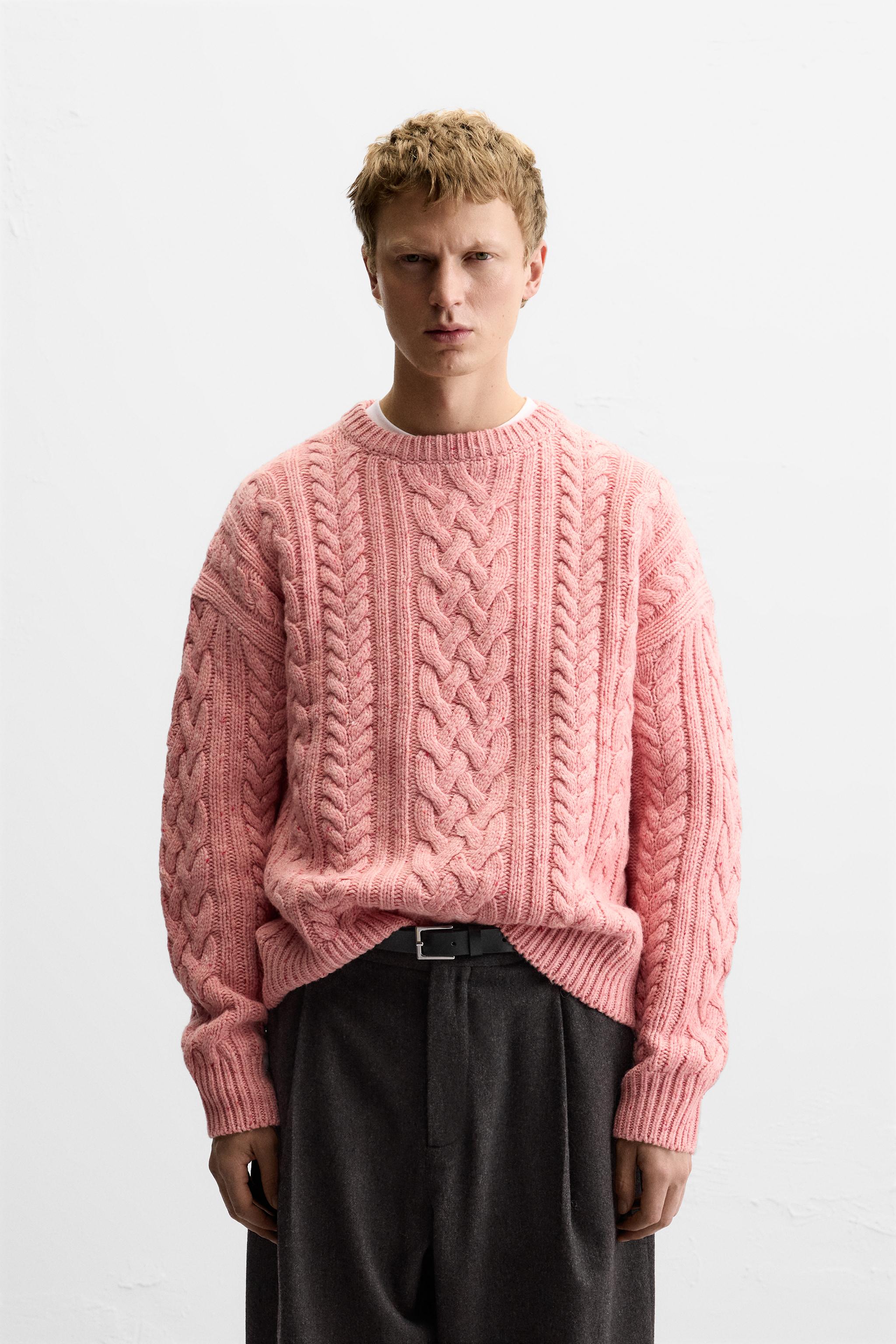 Zara Wool Cable Knit Sweater Pink Men