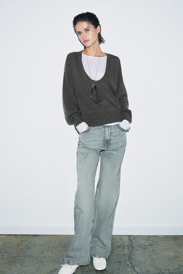 DEEP V-NECK KNIT JUMPER - Grey by Zara
