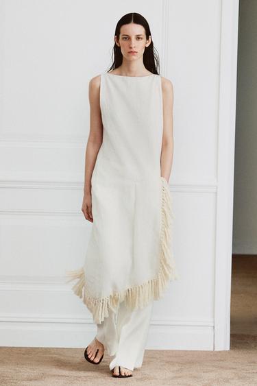 ZW COLLECTION LINEN FRINGED DRESS - Light beige by Zara