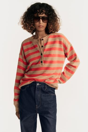 Zara STRIPED WOOL AND CASHMERE SWEATER - taupe brown