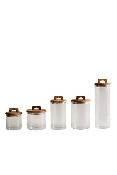 BOROSILICATE GLASS AND WOOD STORAGE JAR - Light beige by Zara