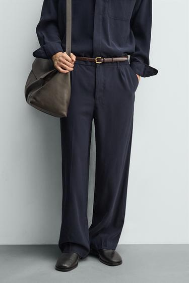 Zara RELAXED FIT FLOWY PANTS - Navy blue
