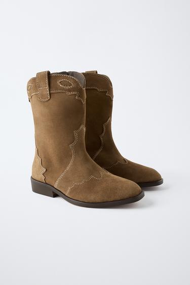 SPLIT SUEDE COWBOY BOOTS - Brown by Zara - Image 1