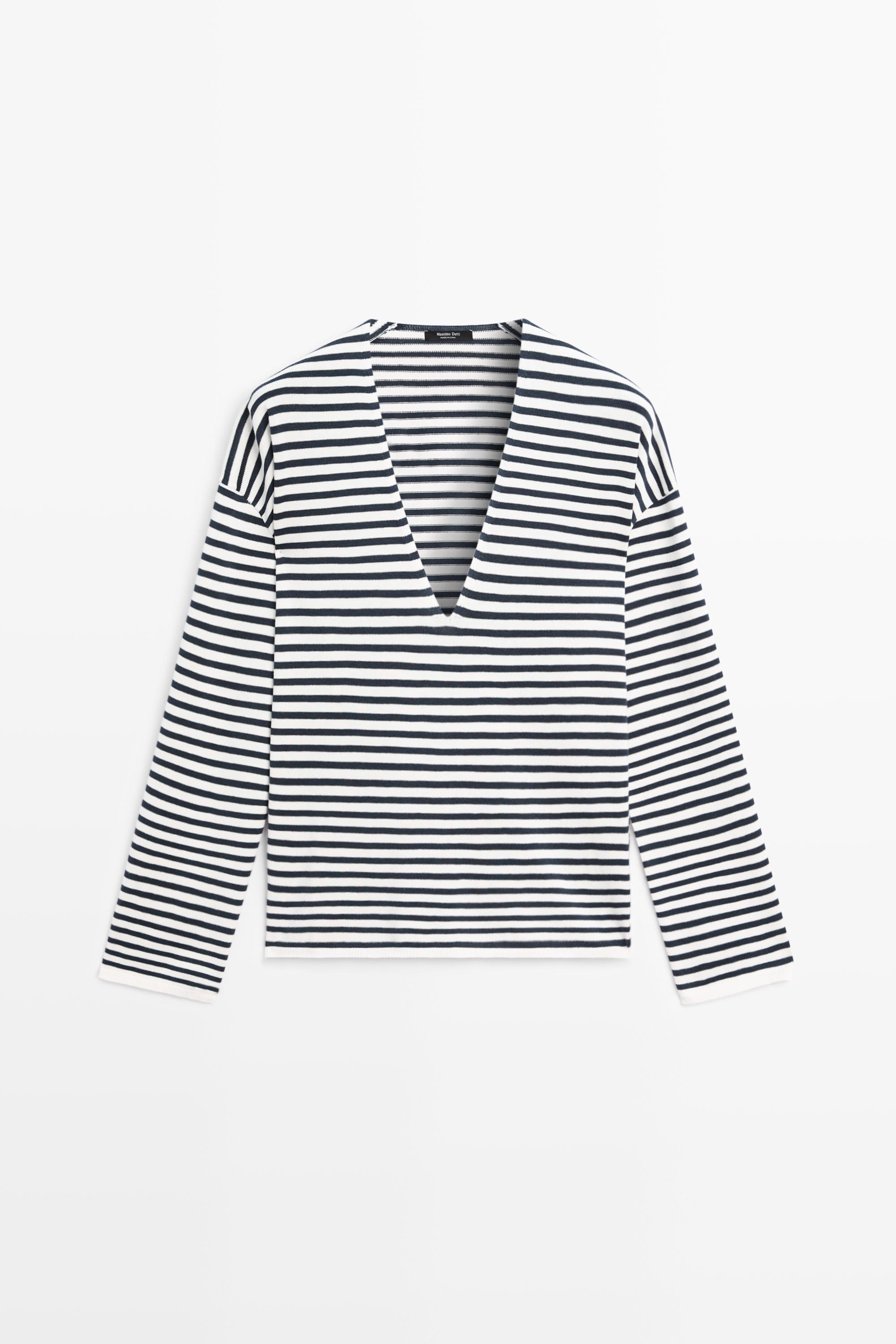 Striped V-neck knit sweater