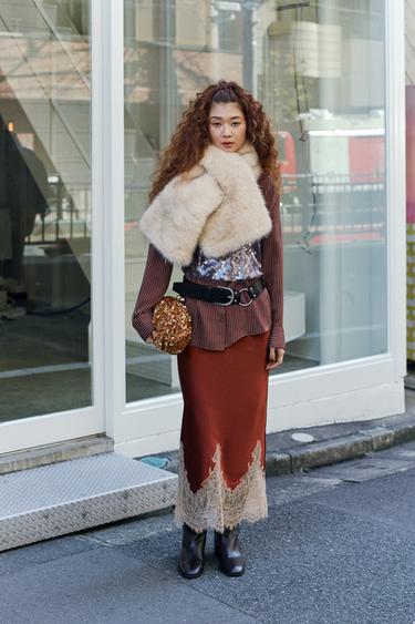 ZW COLLECTION CONTRAST LACE SATIN SKIRT - Burgundy by Zara