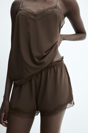 Zara FLOWY LACE SHORTS - Dark brown