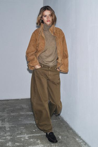 Zara ZW COLLECTION 中腰桶型牛仔褲 - 卡其色