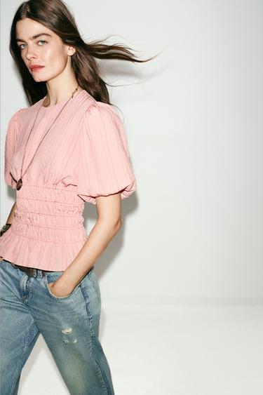 SMOCKED PUFF SLEEVE TOP - Pink by Zara - Image 4