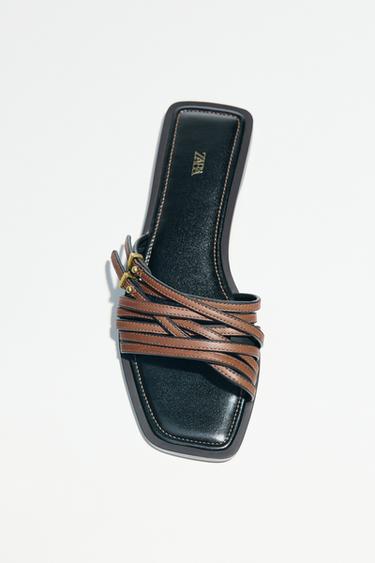 LEATHER STRAPPY SLIDERS WITH BUCKLE - Brown by Zara