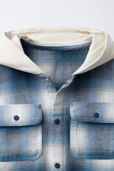 FLEECE HOODED CHECK OVERSHIRT - Blue by Zara - Image 2