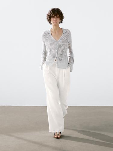 Zara 100% linen wide-leg mid-rise trousers - White