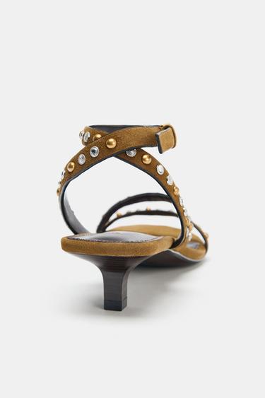 SPLIT SUEDE STUDDED KITTEN HEEL SANDALS - Olive Green by Zara - Image 4