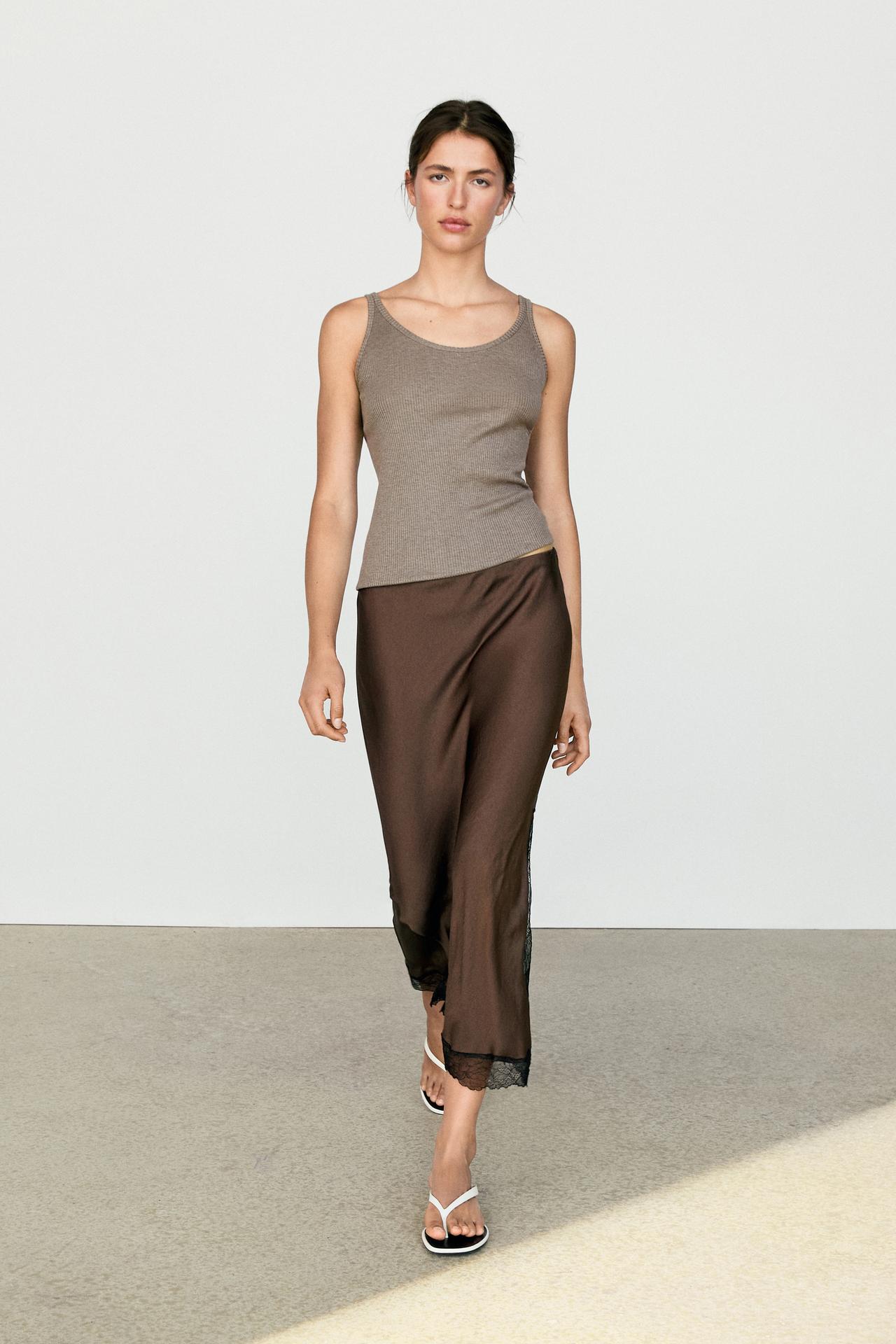 Lace-trimmed midi skirt — Brown marl