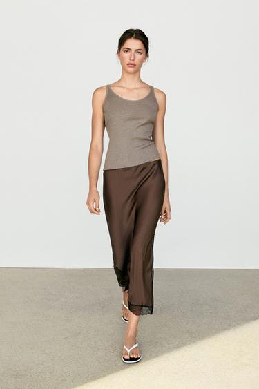 Zara Lace-trimmed midi skirt - Brown marl - Image 0