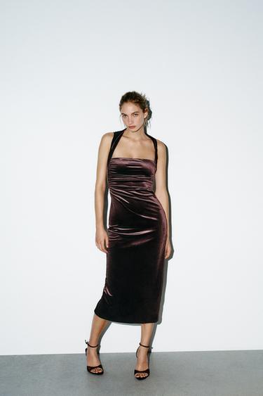 VELVET SQUARE NECKLINE MIDI DRESS - Dark brown by Zara