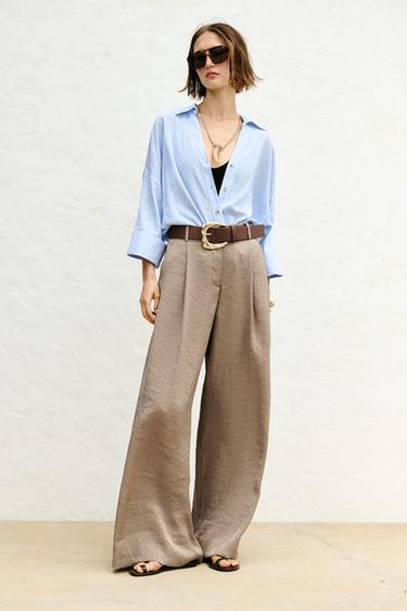 CAMISA MANGA ANCHA CON LINO - Blanco / Celeste de Zara - Imagen 0