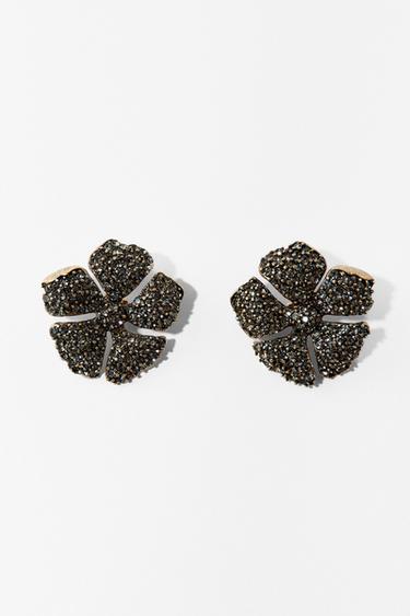 RAISED FLOWER RHINESTONE EARRINGS - Anthracite grey by Zara