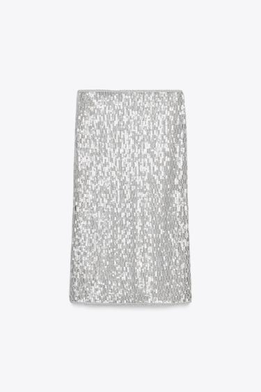 JUPE MIDI SEQUINS ZW COLLECTION - Gris moyen de Zara - Image 6