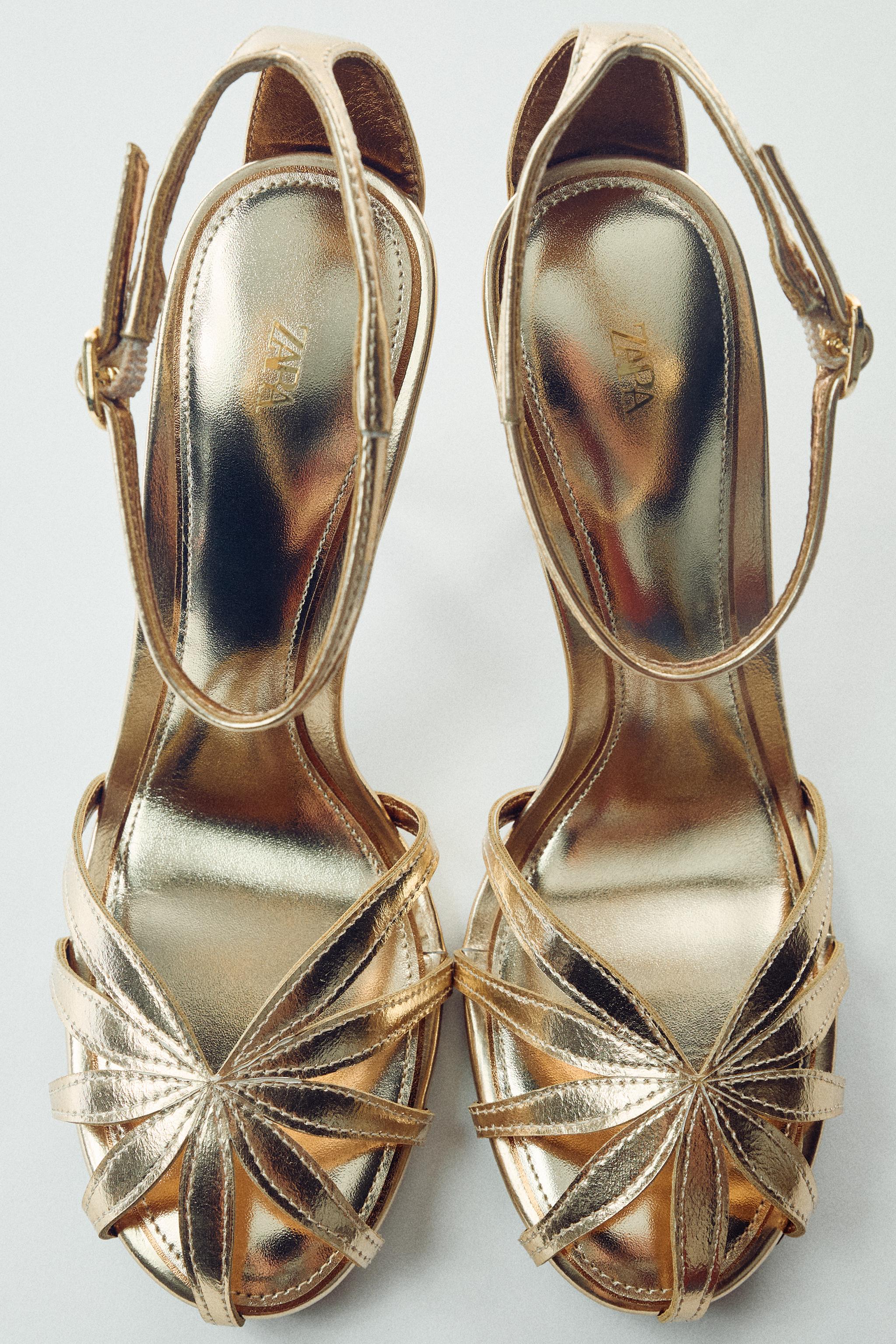 METALLIC CAGE HEELED SANDALS — Gold