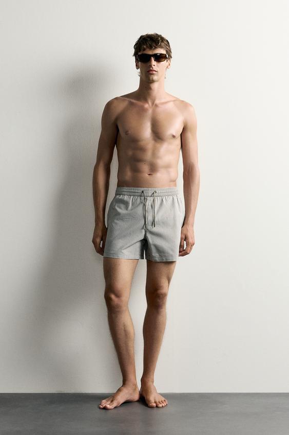 MID-LENGTH SEERSUCKER SWIMMING TRUNKS - Khaki by Zara - Image 0
