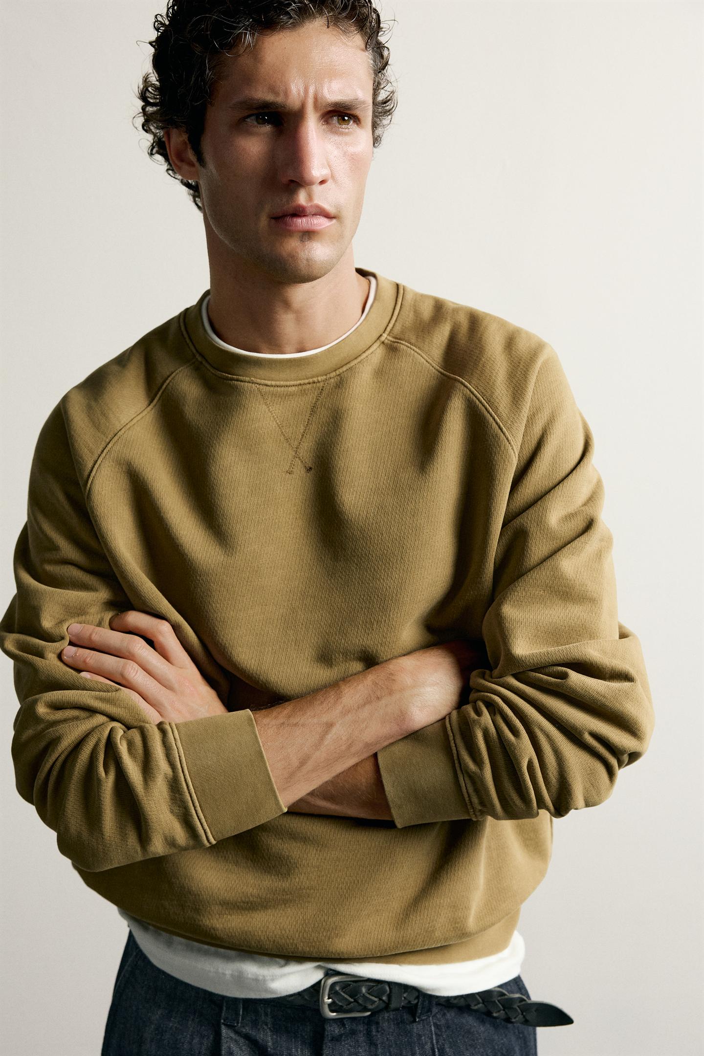Мужские толстовки Zara Regular Fit Crew Neck, цвет: Оливковый зелёный — фото 5