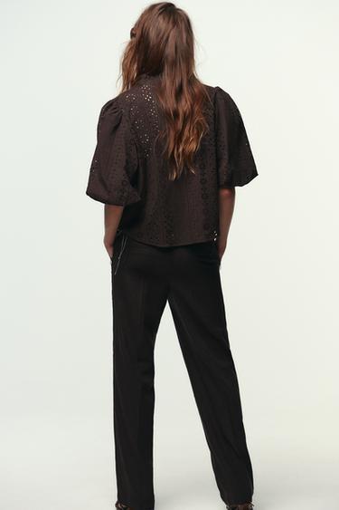 SHIRT WITH CUTWORK EMBROIDERY AND PUFF SLEEVES - Brown by Zara - Image 5