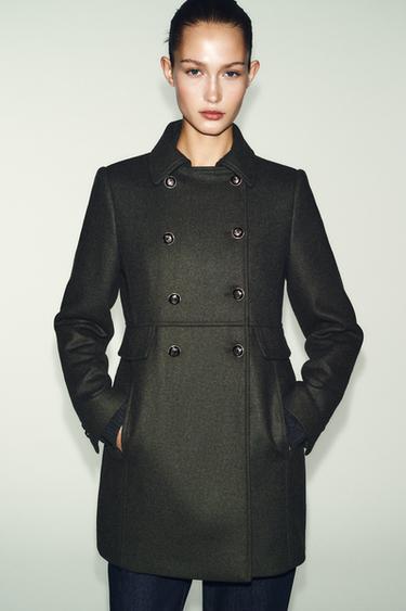 Zara DOUBLE BREASTED WOOL BLEND COAT - Khaki