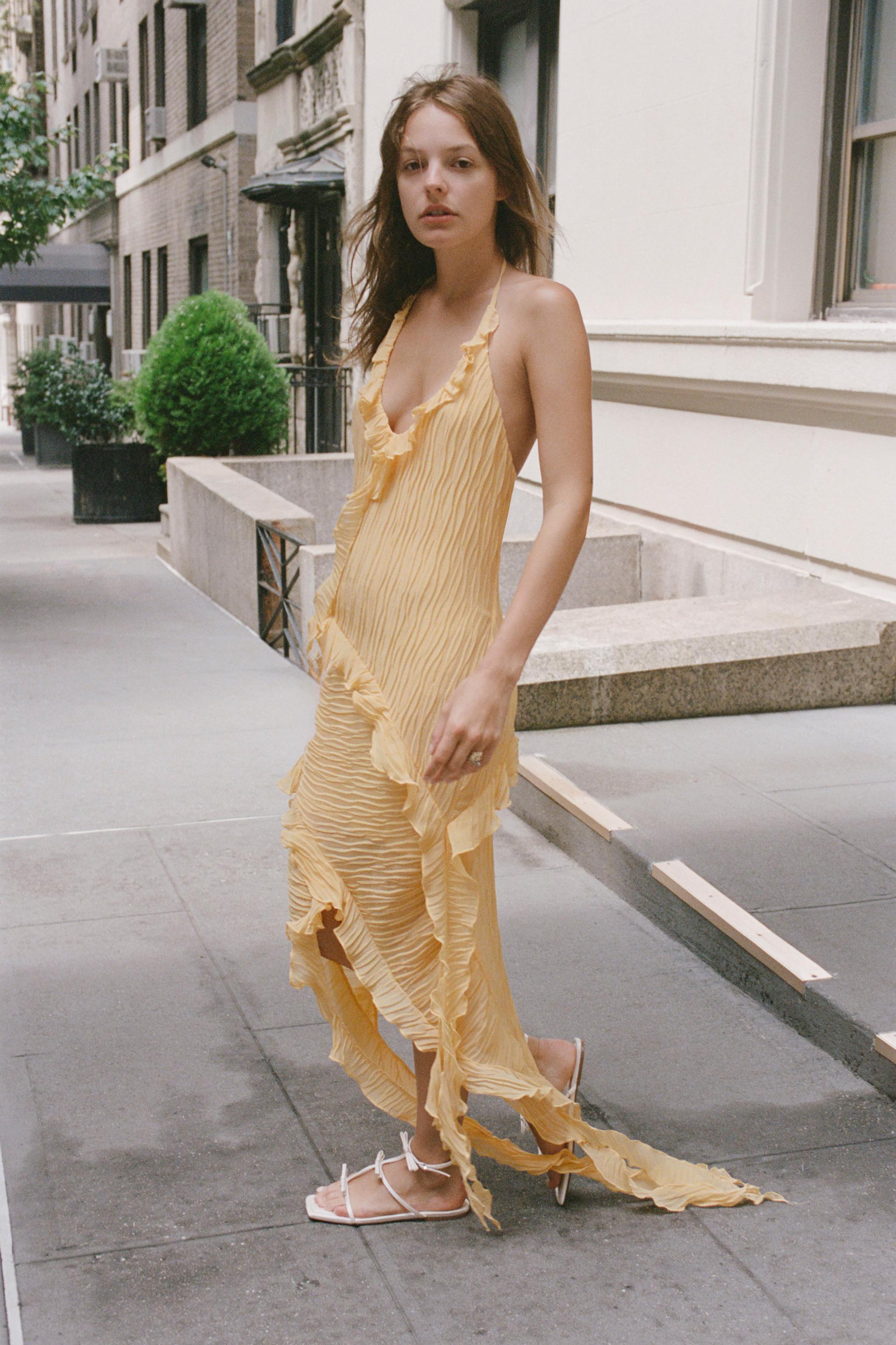 PLEATED ASYMMETRIC DRESS WITH RUFFLES