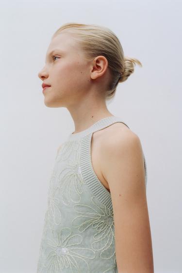 Zara FLORAL KNIT HALTER TOP - Sea green