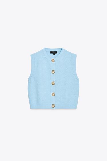 Zara SHELL BUTTON KNIT TOP VEST - Light blue