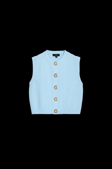 Zara GOLD BUTTON STRUCTURED KNIT VEST TOP - Light blue - Image 0