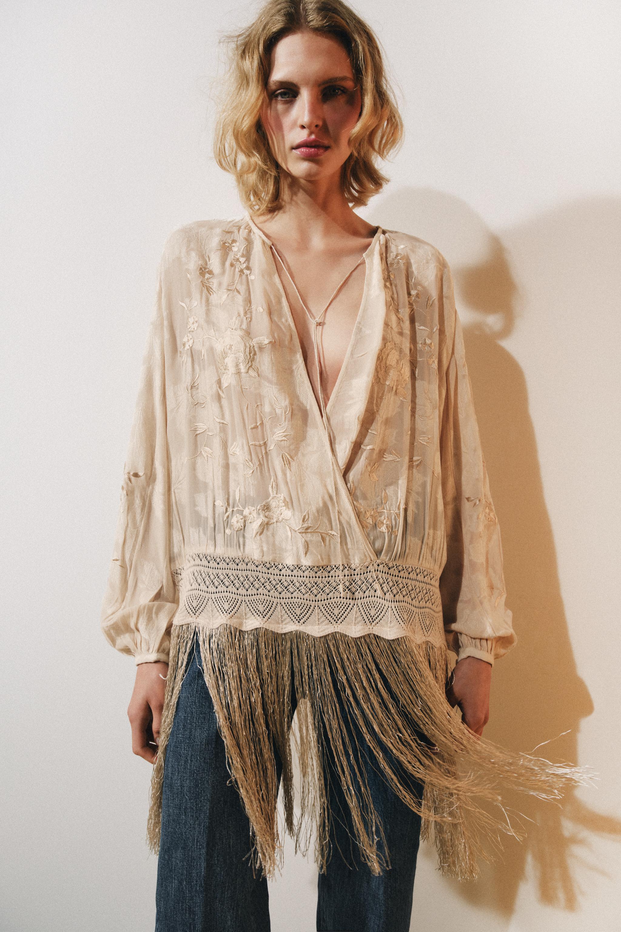 ZW COLLECTION EMBROIDERED FRINGE BLOUSE — Ecru / Beige (alternate view)